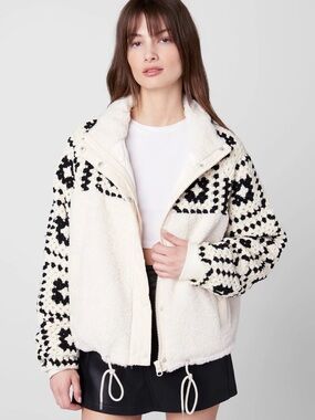 Blank NYC Carried Away Cream Sherpa Jacket with Black Geometric Trim